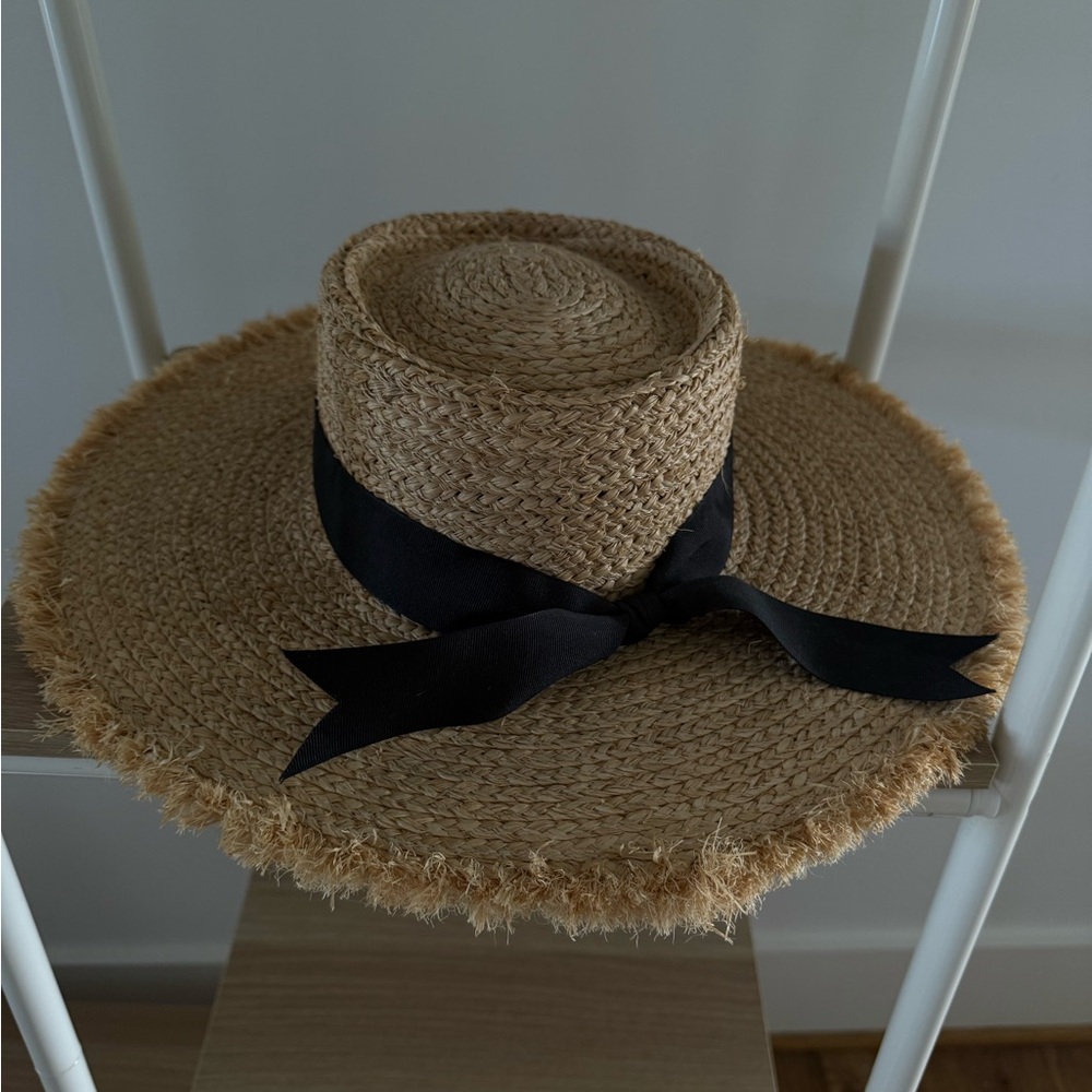 Lack Of Color Tan Straw Hat with Black Ribbon
